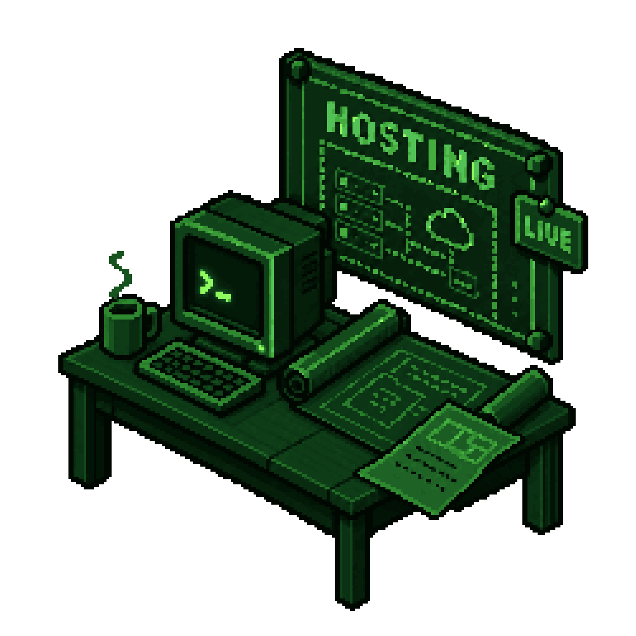 Pixel-art desk with a retro computer, coffee mug and website plans, under a board labelled "Hosting" with a "Live" tag