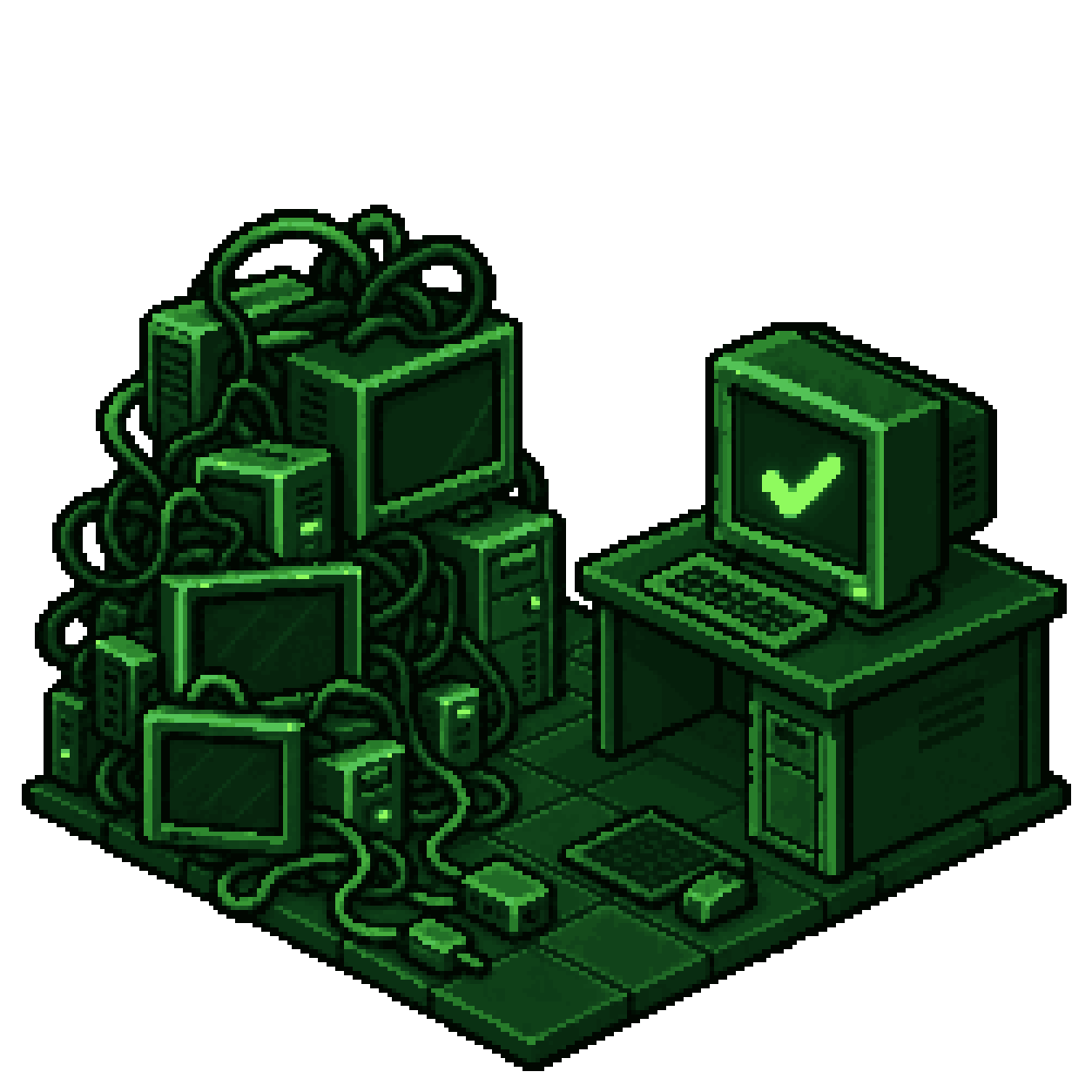 Pixel-art comparison: a tangled pile of old computers and cables beside one tidy workstation marked with a green tick