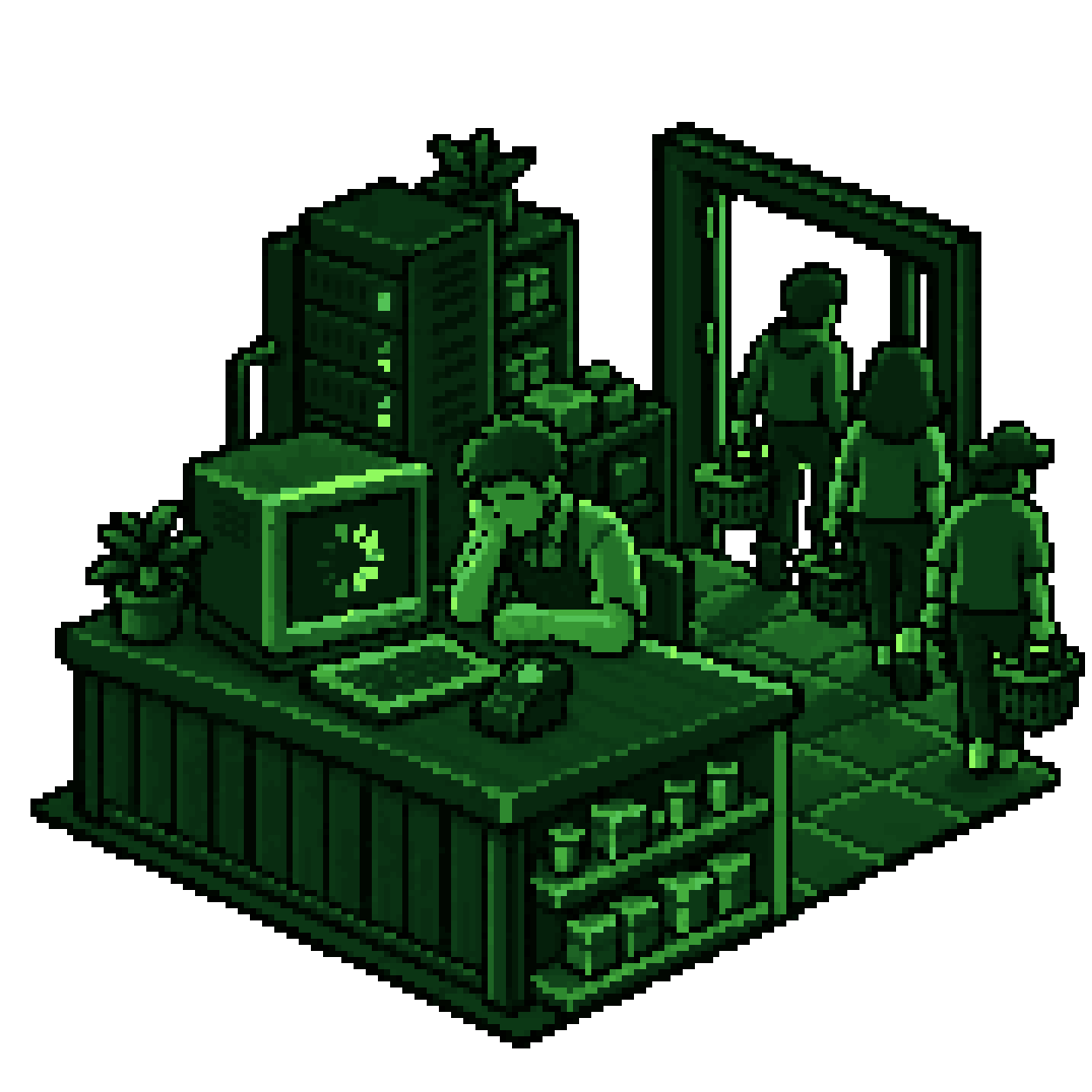 Pixel-art shop counter: a frustrated shop owner beside a frozen checkout screen while customers with baskets walk out the door