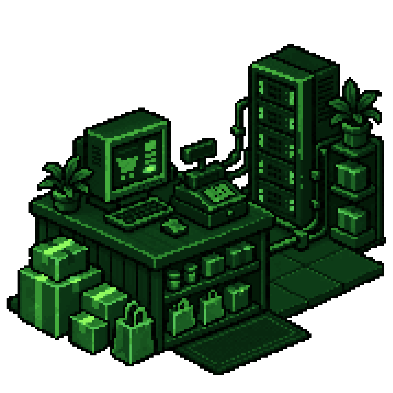 Pixel-art shop counter with a working checkout screen, cash register, parcels and shopping bags, wired to a server rack with green status lights