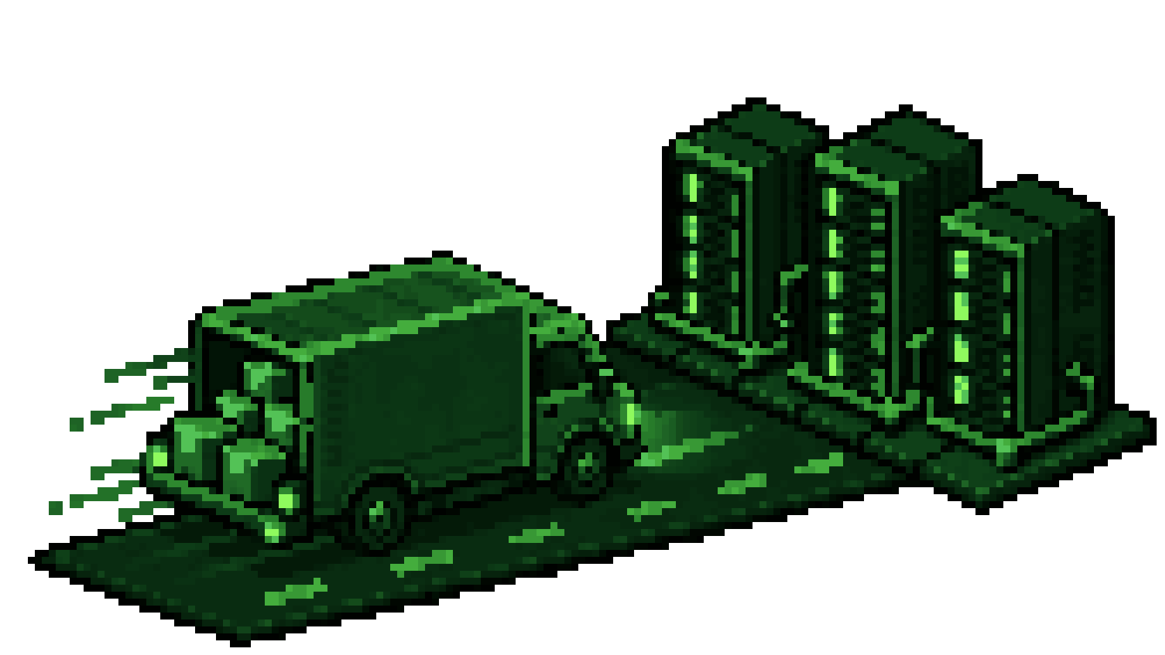 Pixel-art delivery van loaded with parcels driving towards a row of glowing green server racks